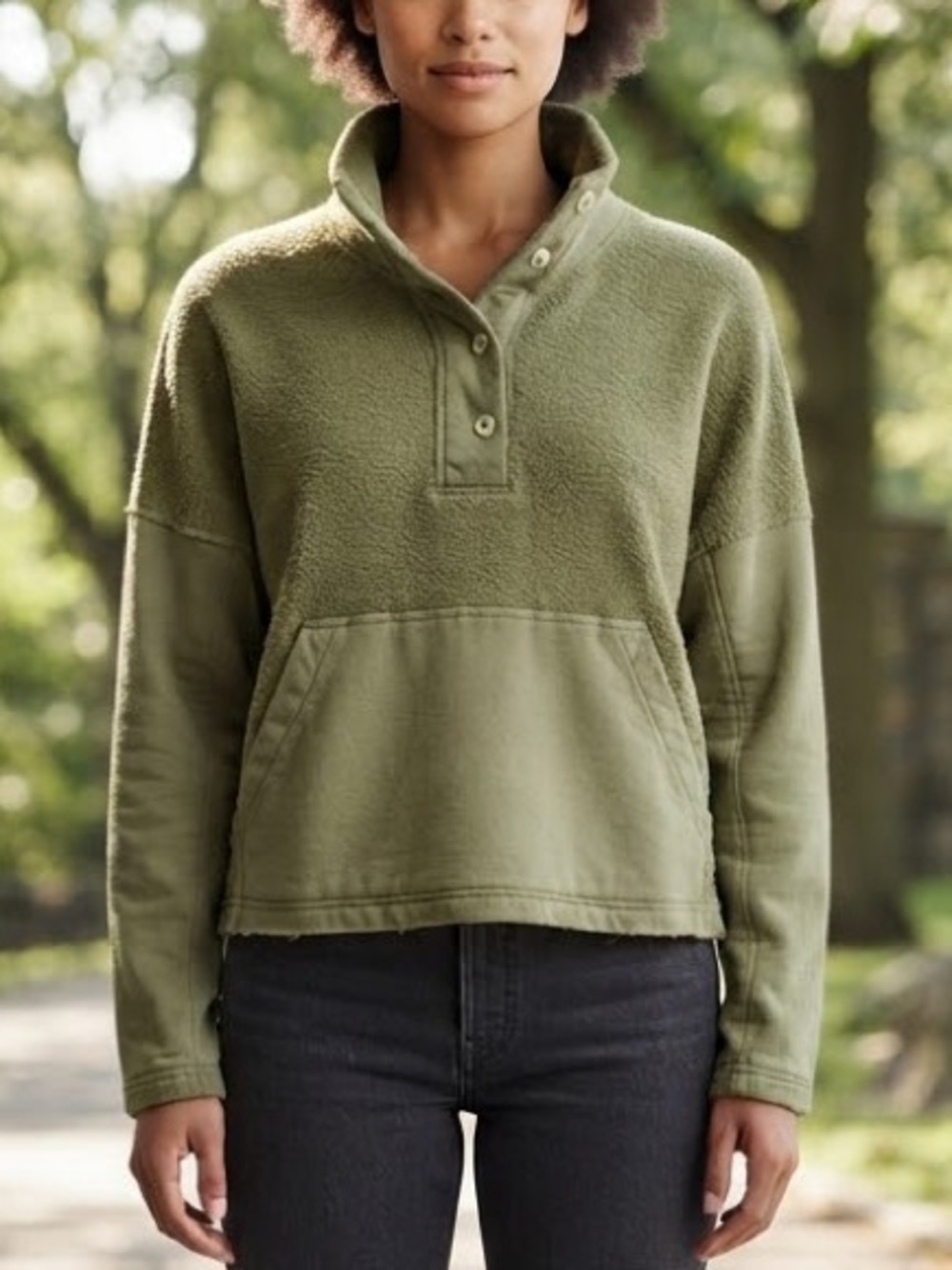 REI Co-op Wallace Lake Hemp Cotton Fleece Button Mock Neck Pullover Sweater M